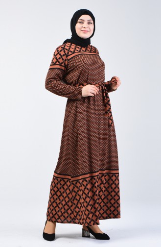 Büyük Beden Desenli Kuşaklı Elbise 4556E-04 Soğan Kabuğu