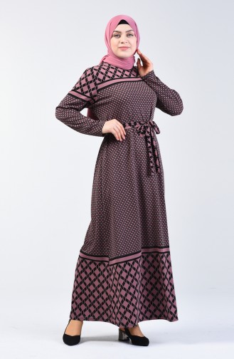 Plus Size Patterned Belted Dress 4556E-05 Dusty Rose 4556E-05