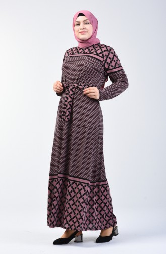 Plus Size Patterned Belted Dress 4556E-05 Dusty Rose 4556E-05