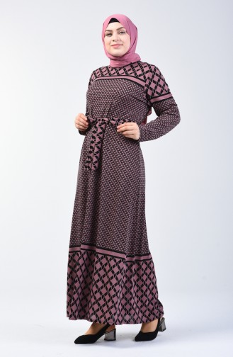 Grösse Grosse Gemustertes Kleid mit Band 4556E-05 Puder Rosa 4556E-05