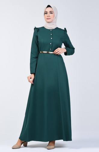 Fırfırlı Elbise 2555-04 Zümrüt Yeşili