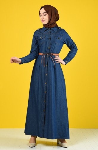 Belted Denim Dress 6058-02 Navy Blue 6058-02