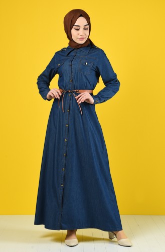 Belted Denim Dress 6058-02 Navy Blue 6058-02