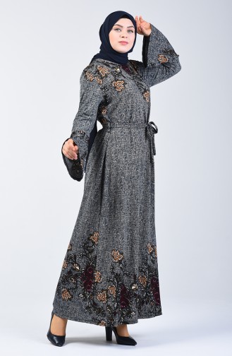 Büyük Beden Desenli Kuşaklı Elbise 1803-02 Bej