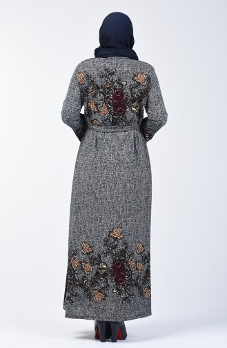 Büyük Beden Desenli Kuşaklı Elbise 1803-02 Bej