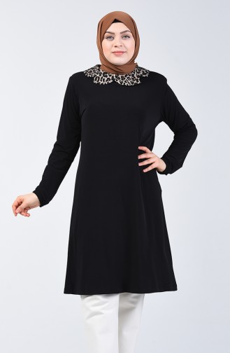 Tunique Col à Motifs Léopard Grande Taille 7001-01 Noir 7001-01