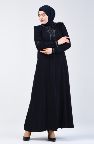 Abaya Brodé Avec Fermeture3006-01 Bleu Marine 3006-01