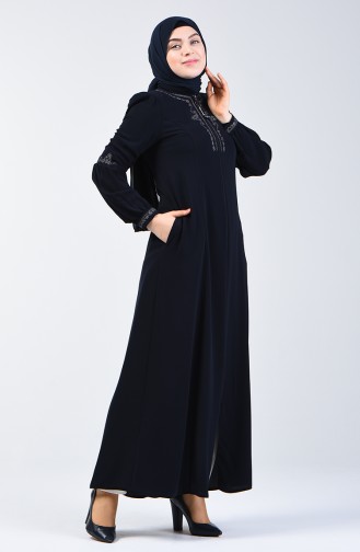 Besticktes Abaya mit Reissverschluss 3006-01 Dunkelblau 3006-01