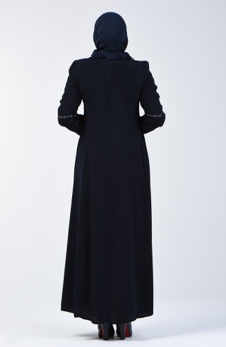 Besticktes Abaya mit Reissverschluss 3006-01 Dunkelblau 3006-01