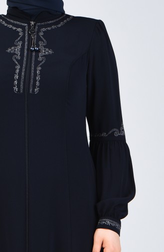 Abaya Brodé Avec Fermeture3006-01 Bleu Marine 3006-01