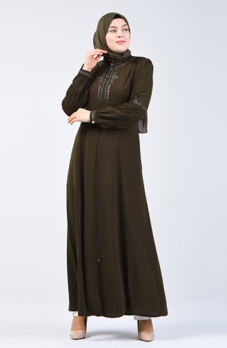 Besticktes Abaya mit Reissverschluss 3006-05 Khaki 3006-05