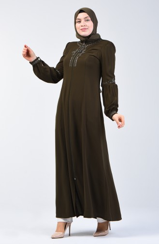 Embroidered Zippered Abaya 3006-05 Khaki 3006-05