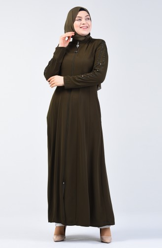 Lacy Zippered Abaya 3007-02 Khaki 3007-02