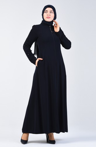 Abaya à Dentelle Avec Fermeture 3007-03 Bleu Marine 3007-03