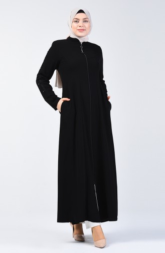 Lacy Zippered Abaya 3007-04 Black 3007-04