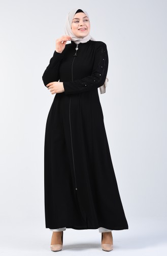 Abaya à Dentelle Avec Fermeture 3007-04 Noir 3007-04