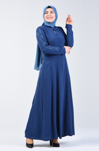 Lacy Zippered Abaya 3007-05 Indigo 3007-05