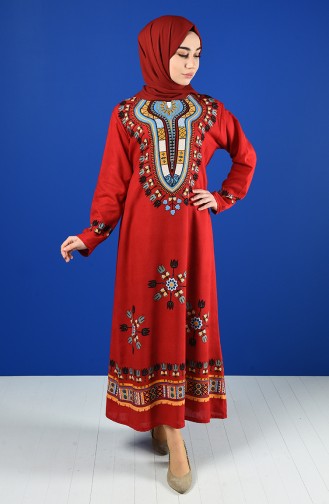 Şile Cloth Patterned Dress 5555-08 Claret Red 5555-08