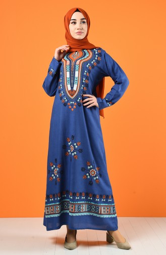 Gemustertes Kleid aus Şile-Stoff  5555-09 Indigo 5555-09