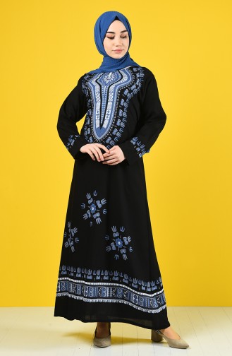 Şile Bezi Desenli Elbise 5555-11 Siyah İndigo