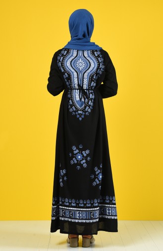 Şile Bezi Desenli Elbise 5555-11 Siyah İndigo