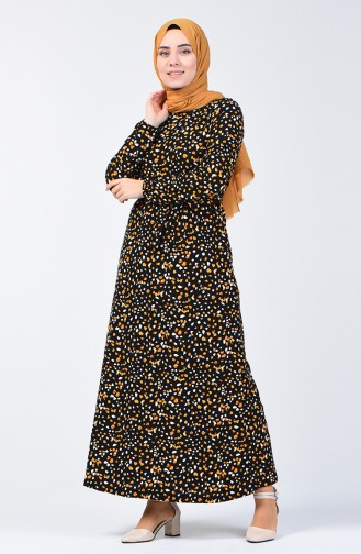 Patterned Belted Dress 0362-02 Black Mustard 0362-02
