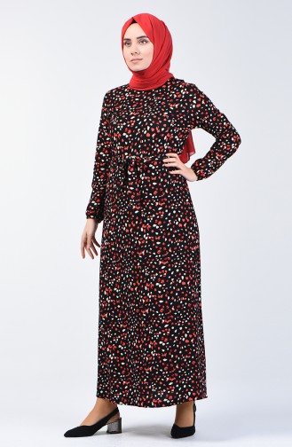 Patterned Belted Dress 0362-04 Black Red 0362-04