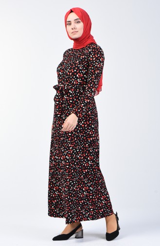Desenli Kuşaklı Elbise 0362-04 Siyah Kırmızı