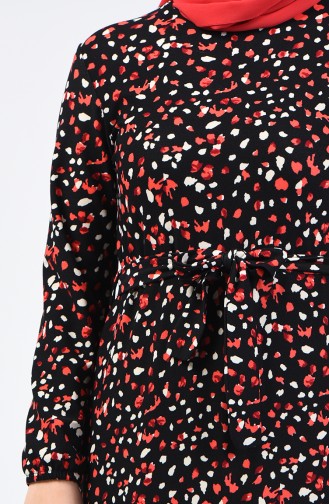 Desenli Kuşaklı Elbise 0362-04 Siyah Kırmızı
