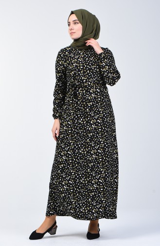 Patterned Belted Dress 0362-06 Black Khaki 0362-06
