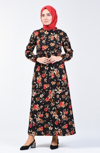 Patterned Belted Dress 0363-01 Black Red 0363-01