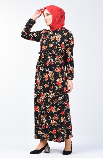 Patterned Belted Dress 0363-01 Black Red 0363-01
