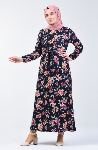 Patterned Belted Dress 0363-02 Navy Blue Lilac 0363-02