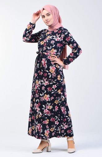 Patterned Belted Dress 0363-02 Navy Blue Lilac 0363-02