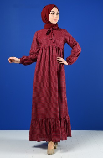 Kravat Yaka Büzgülü Elbise 1367-05 Bordo Lacivert