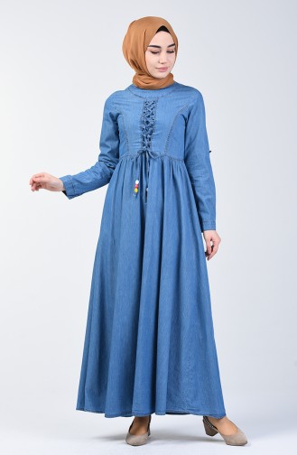 Bağcık Detaylı Kot Elbise 6139-02 Kot Mavi