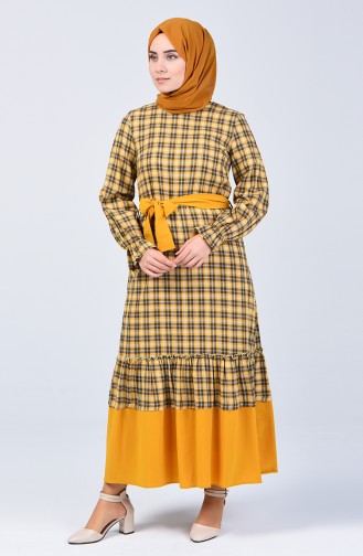 Elastic Sleeve Belted Dress 33874-02 Mustard 33874-02
