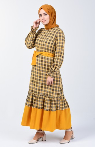 Elastic Sleeve Belted Dress 33874-02 Mustard 33874-02