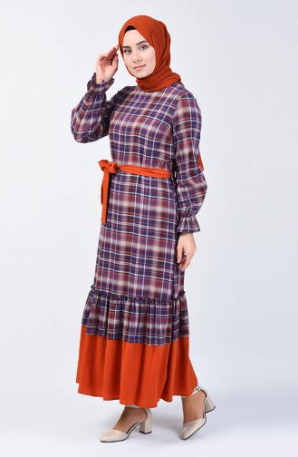 Elastic Sleeve Belted Dress 33874-03 Purple 33874-03