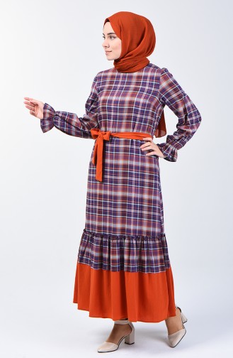 Elastic Sleeve Belted Dress 33874-03 Purple 33874-03