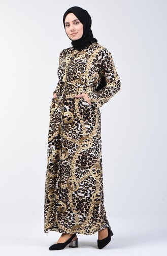 Boydan Düğmeli Desenli Elbise 80177-01 Siyah Bej