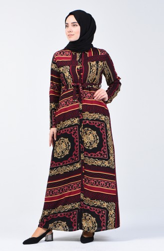Boydan Düğmeli Kuşaklı Elbise 90025-01 Mürdüm