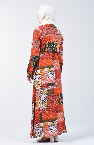 Boydan Düğmeli Desenli Elbise 9041-01 Kiremit