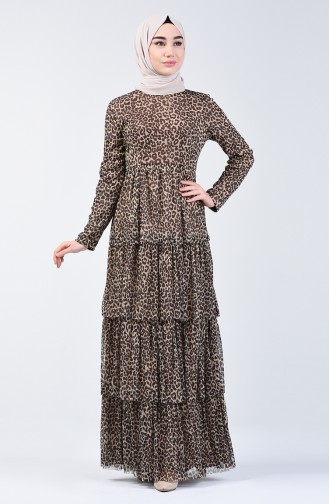 Leopar Desenli Simli Elbise 60105-01 Kahverengi