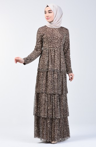 Leopar Desenli Simli Elbise 60105-01 Kahverengi