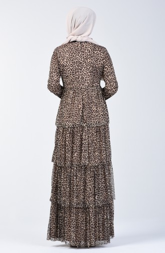 Leopar Desenli Simli Elbise 60105-01 Kahverengi