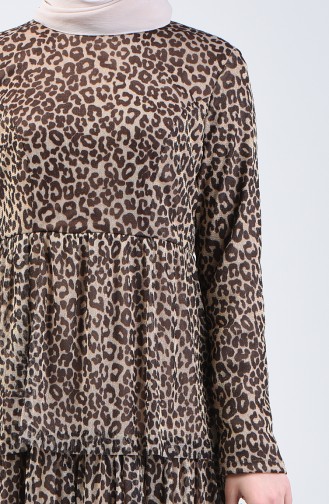 Leopar Desenli Simli Elbise 60105-01 Kahverengi