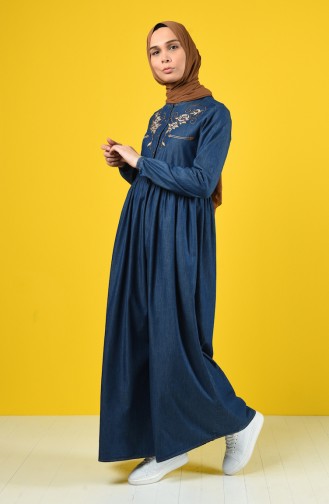 Embroidered Denim Dress 6177-03 Light Navy Blue 6177-03