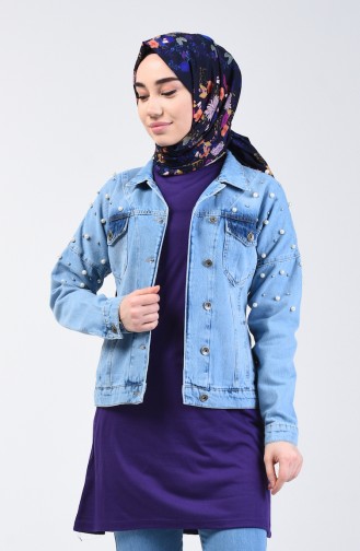 Pearled Short Denim Jacket 6092-01 Jeans Blue 6092-01