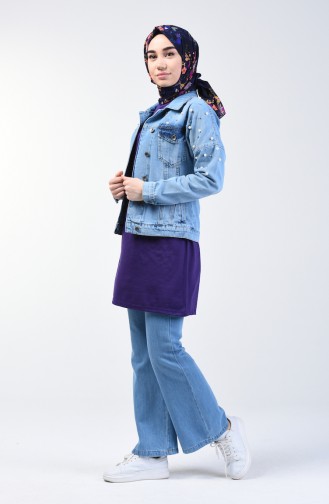 Pearled Short Denim Jacket 6092-01 Jeans Blue 6092-01
